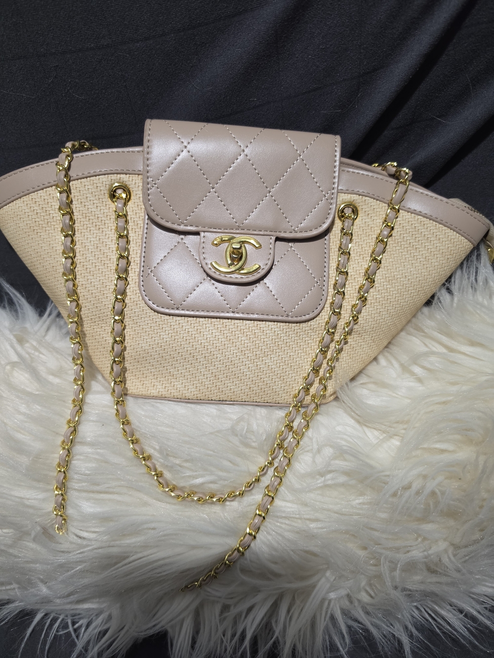 Beige Quilted Flap & Natural Raffia Shoulder Bag with Gold Chain